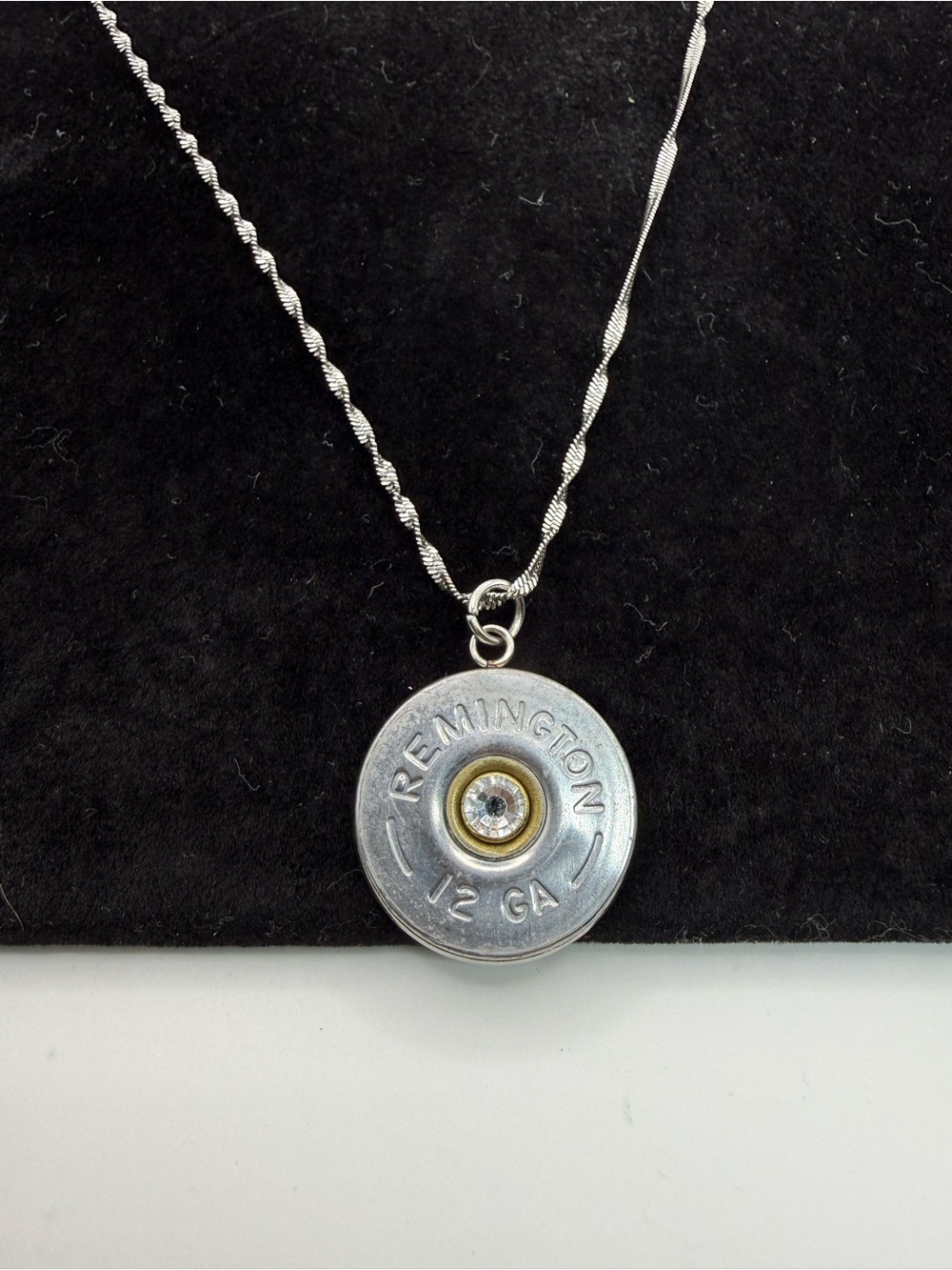 Remington 12 Gauge Shotgun Shell Pendant Necklace 17” Rhinestone Silver Tone